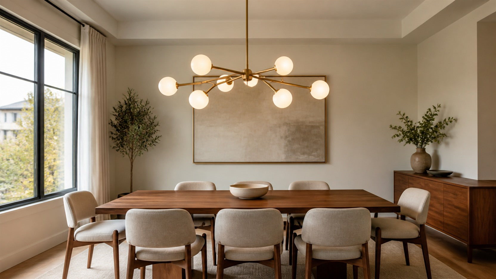 Modern chandelier as a statement piece over a dining table