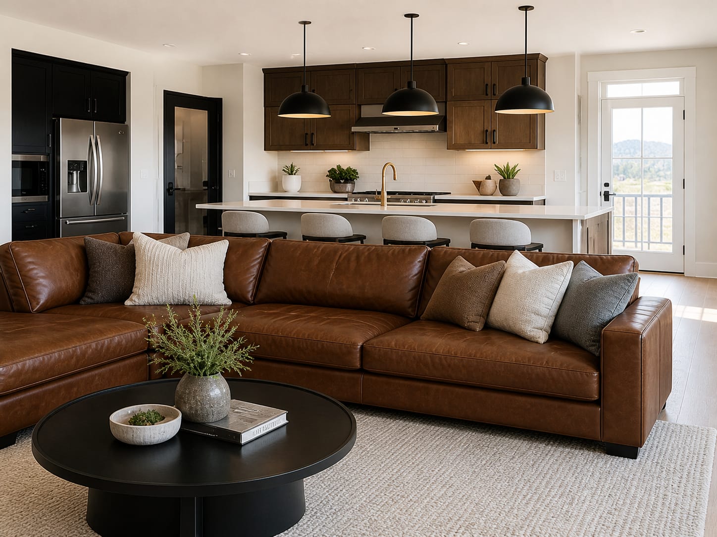 Modern open concept living room and kitchen in a Victoria home