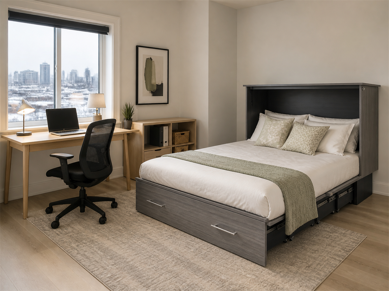 Murphy bed flex room styled for guests in a Victoria home