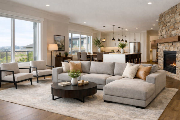 Open concept living room in Victoria with a custom Canadian-made sectional