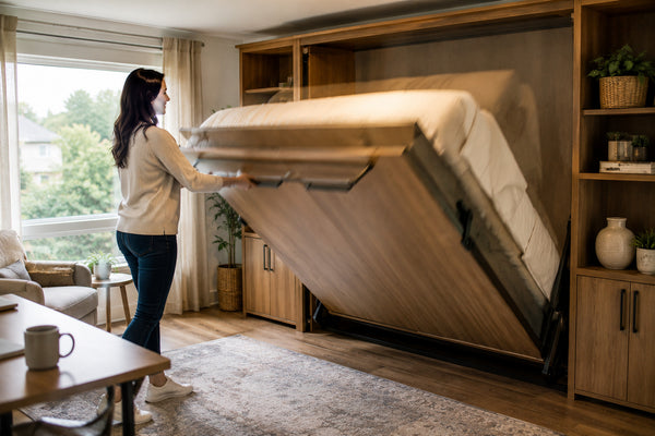 Person folding down a cabinet murphy bed to show the mechanism in a Victoria home