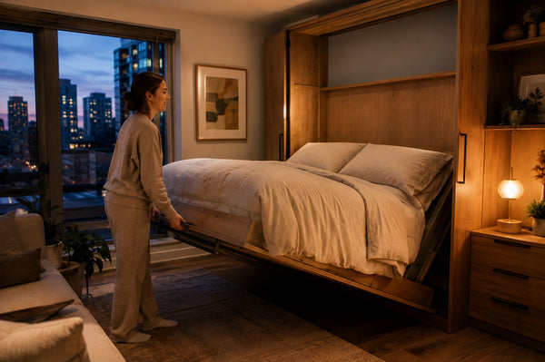 Person folding down a murphy bed in a small Victoria condo bedroom