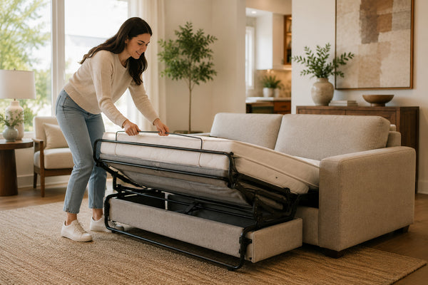 Person opening a sofa bed mechanism in a bright Victoria living room