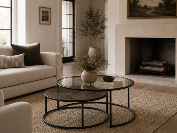 Round nesting coffee tables with glass and coffee table wood tops in a modern living room