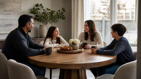 Family talking comfortably around a round solid wood dining table in a warm Victoria dining nook
