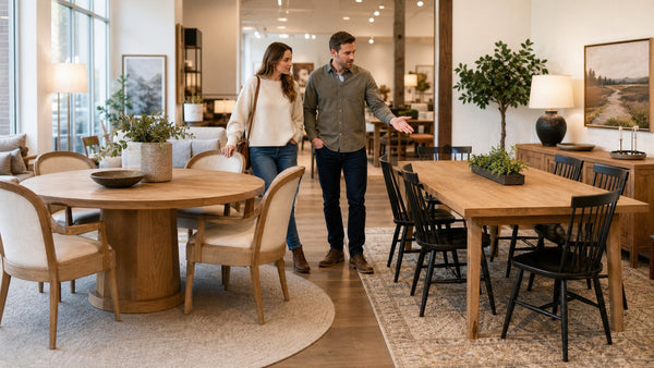 Couple comparing round and rectangular dining room sets Victoria shoppers can choose between
