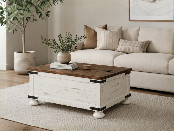 Rustic farmhouse storage coffee table styled in a cozy Victoria living room