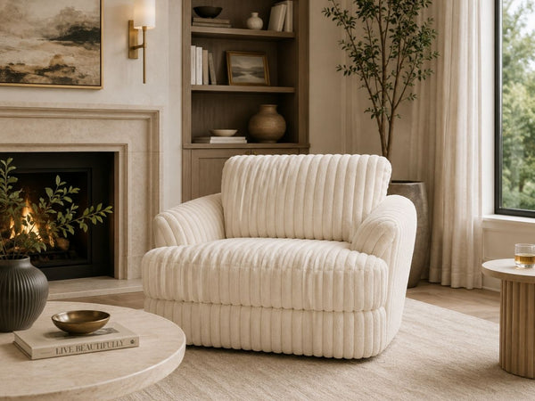 Sariah custom nest chair made in Canada, styled in a Victoria living room
