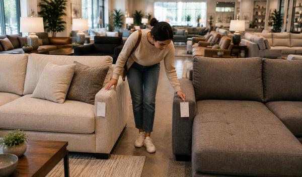 Shopper comparing prices between two sectional couches in a Victoria showroom