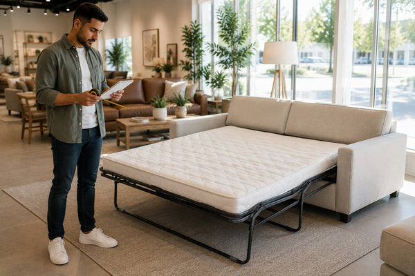 Shopper measuring and checking a sofa bed against a buying checklist in Victoria