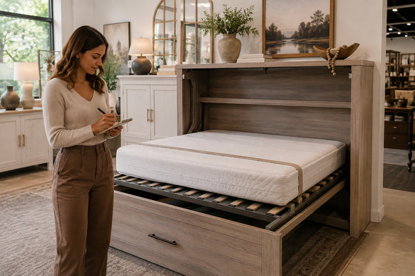 Shopper reviewing a checklist beside a cabinet murphy bed Victoria showroom display