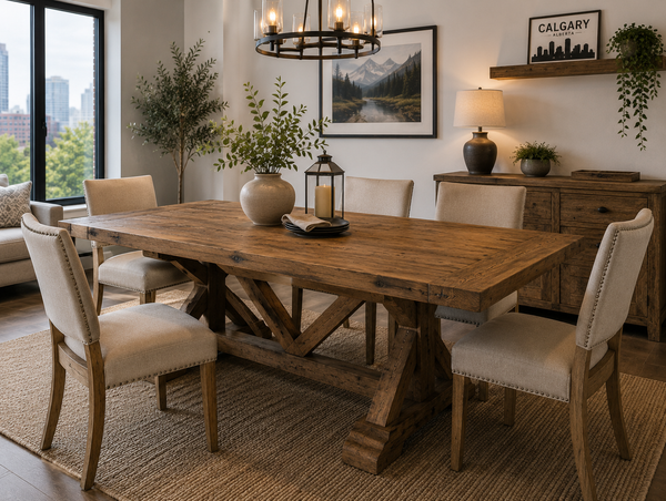 Solid wood dining table with a rustic finish set for everyday seating in a Victoria home