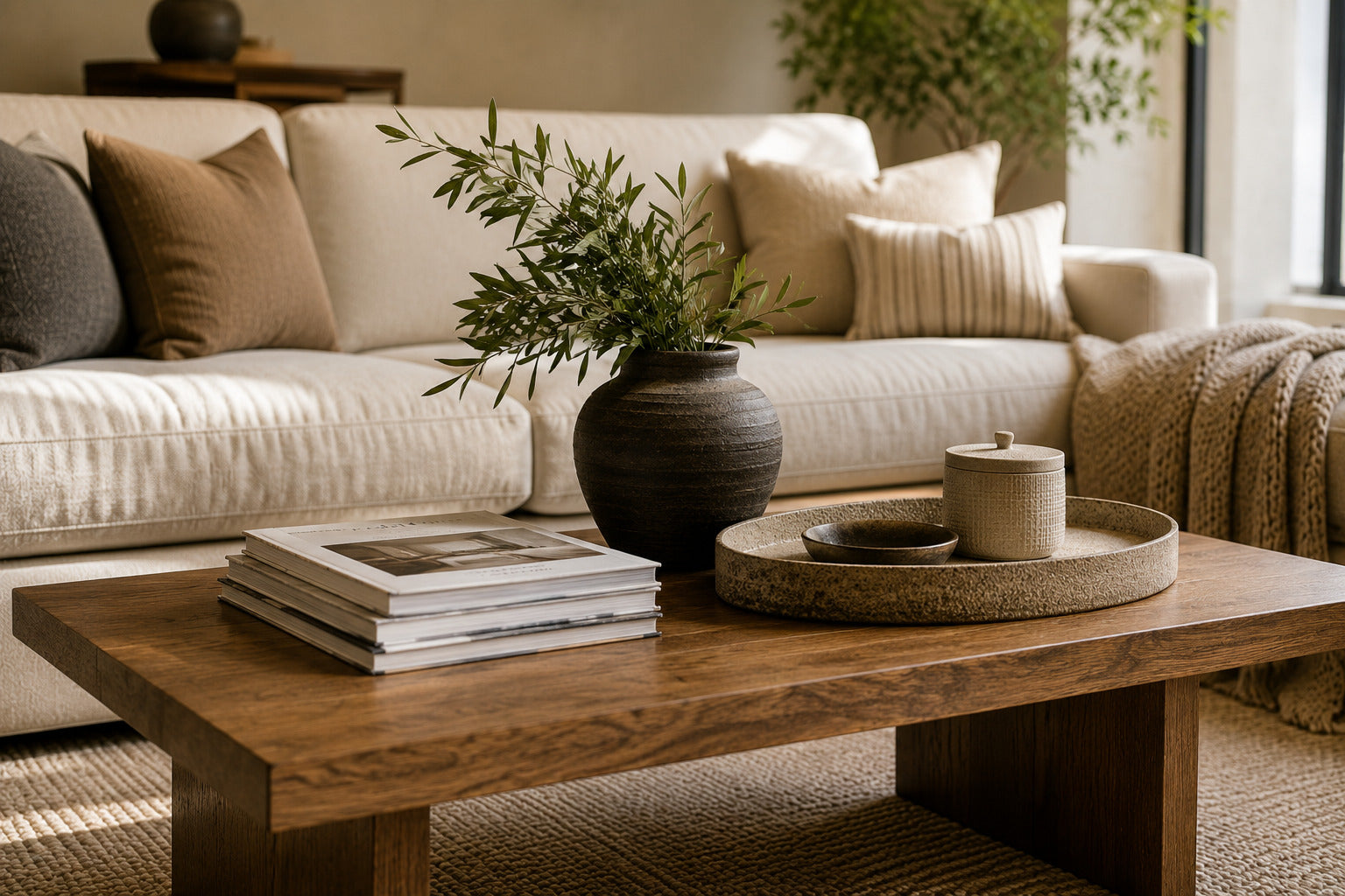 Styled coffee table with vase and magazines in a Victoria living room