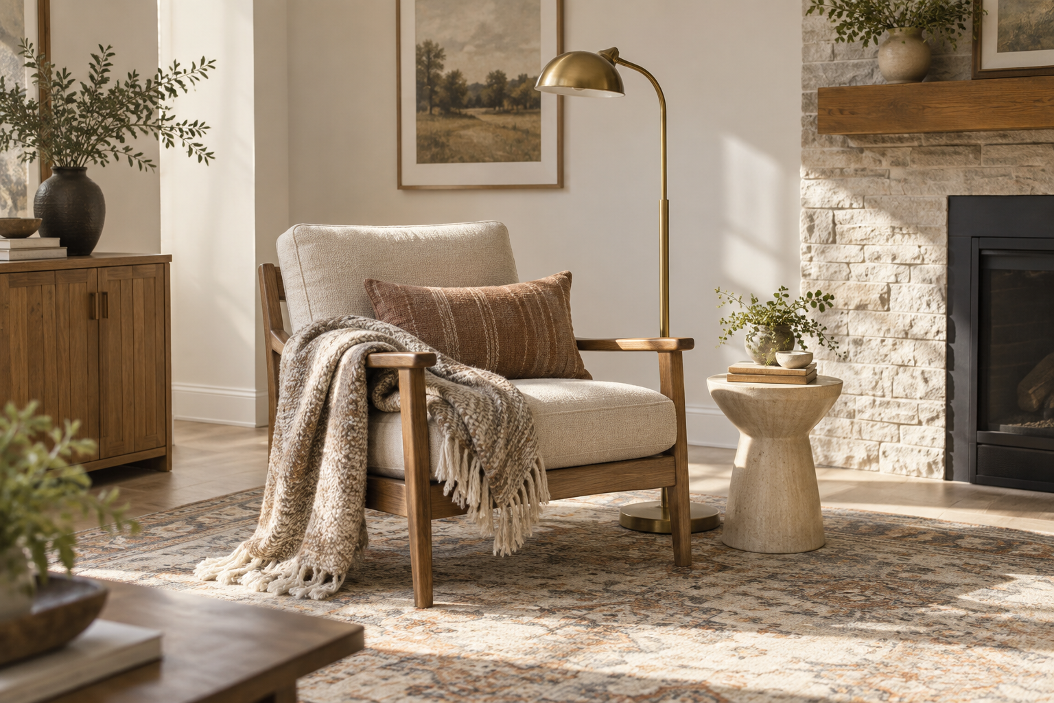 Sunlit Victoria living room corner with a wood-framed armchair, brass floor lamp and layered textiles