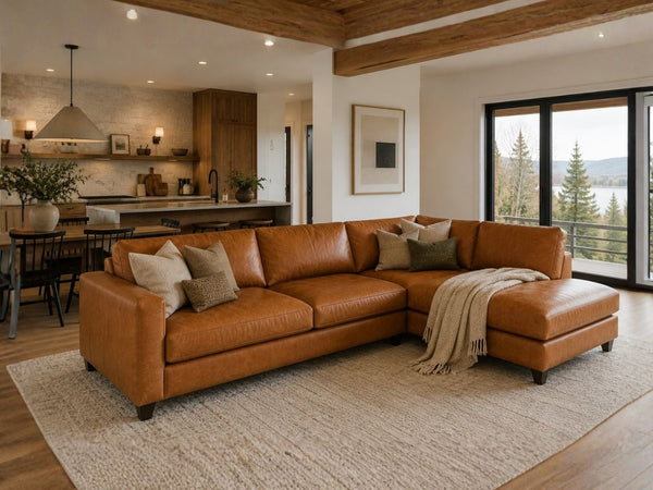 Top-grain leather custom Canadian-made sectional styled in a Victoria home