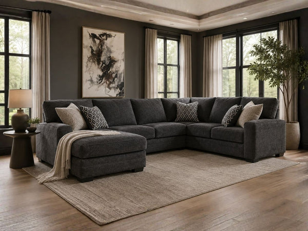 Slate sectional styled in a modern heritage living room in Victoria