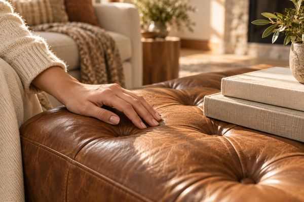 Tufted leather ottoman styled with linen-bound books in a modern heritage Victoria living room