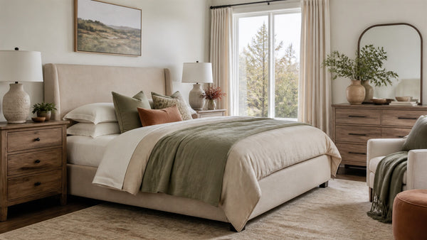 Neutral upholstered bed coordinated with warm wood bedroom furniture in a Victoria bedroom