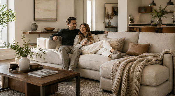 Warm modern living room with family gathered around custom furniture in Victoria