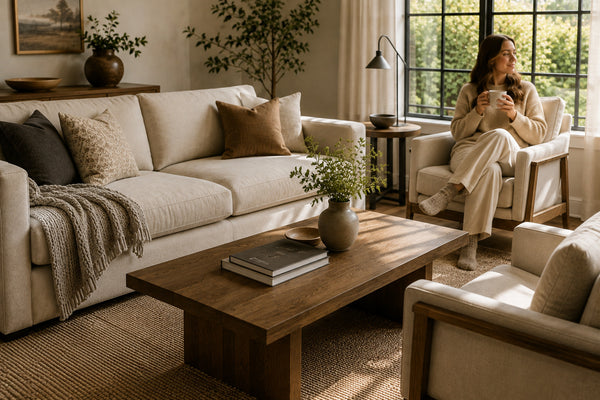 A well-proportioned wood coffee table anchoring a bright Victoria living room