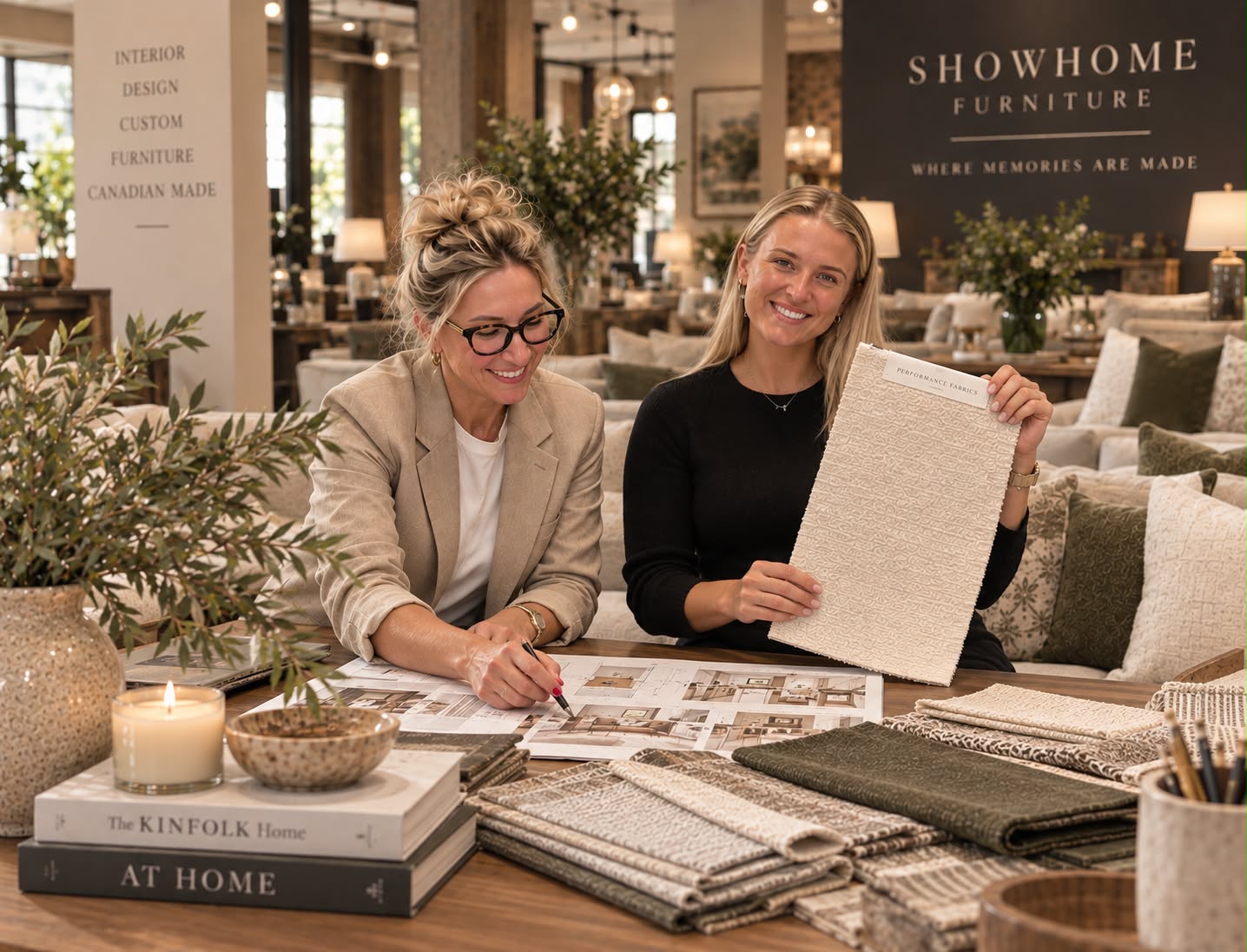 Interior designer and client reviewing fabric and material samples at Showhome Furniture
